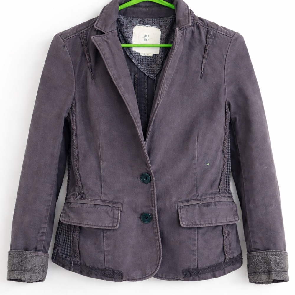 Hei Hei Anthropologie Slate Gray Blazer | Grey & Navy Houndstooth Lining
